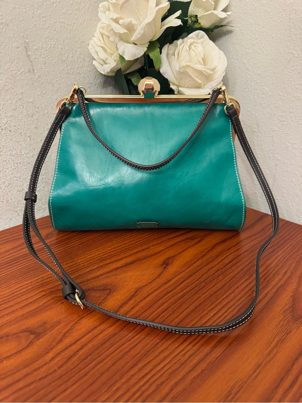 Frances Valentine Teal Leather Frame-Top Shoulder Bag with Black Strap